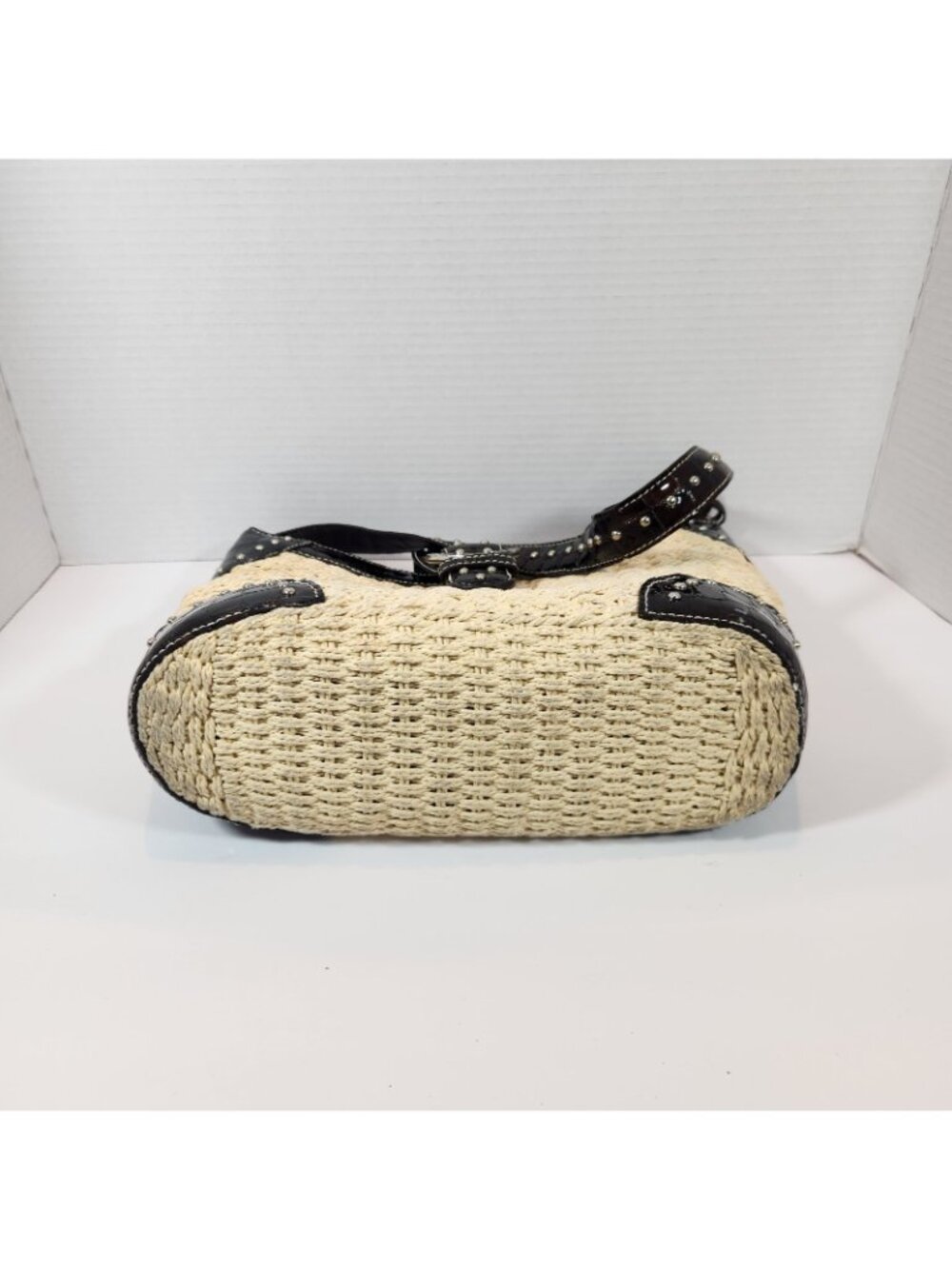 Brighton Woven Tan Straw Studded Brown Leather Handbag Purse Bag DEFECT STRAP - Picture 7 of 16